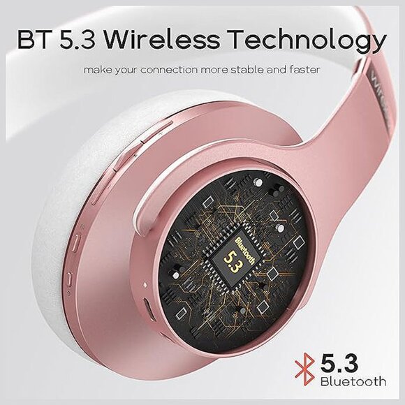 Bluetooth Headphones Over-Ear, 90 Hrs Playtime Wireless Headphones Rose Gold - Picture 5 of 7
